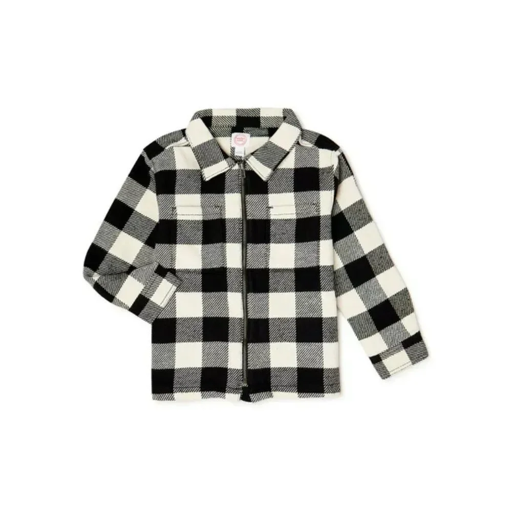 Wonder Nation Plaid Shacket Flannel Collared Full Zip Jacket Black White XL